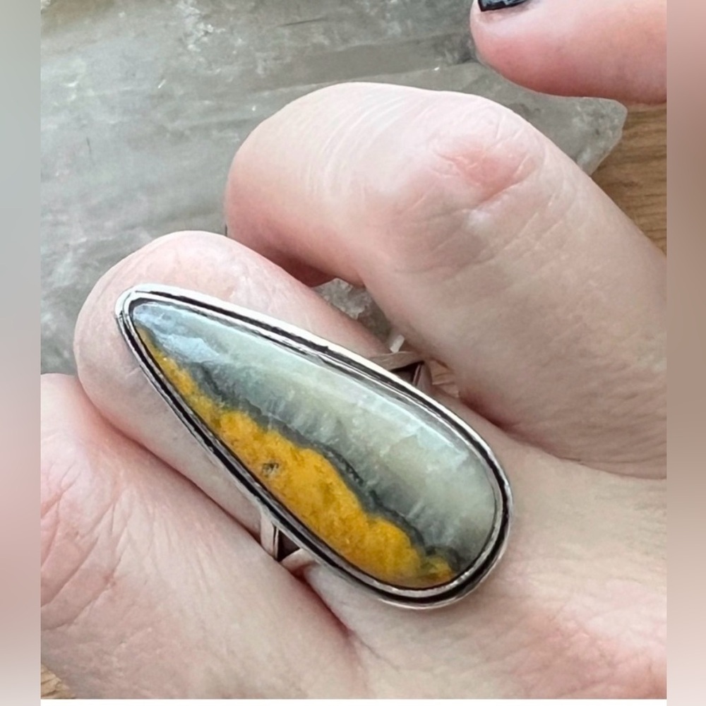 Chunky Bumblebee Jasper Ring Size 9.25 Vintage Style Sterling Silver 925